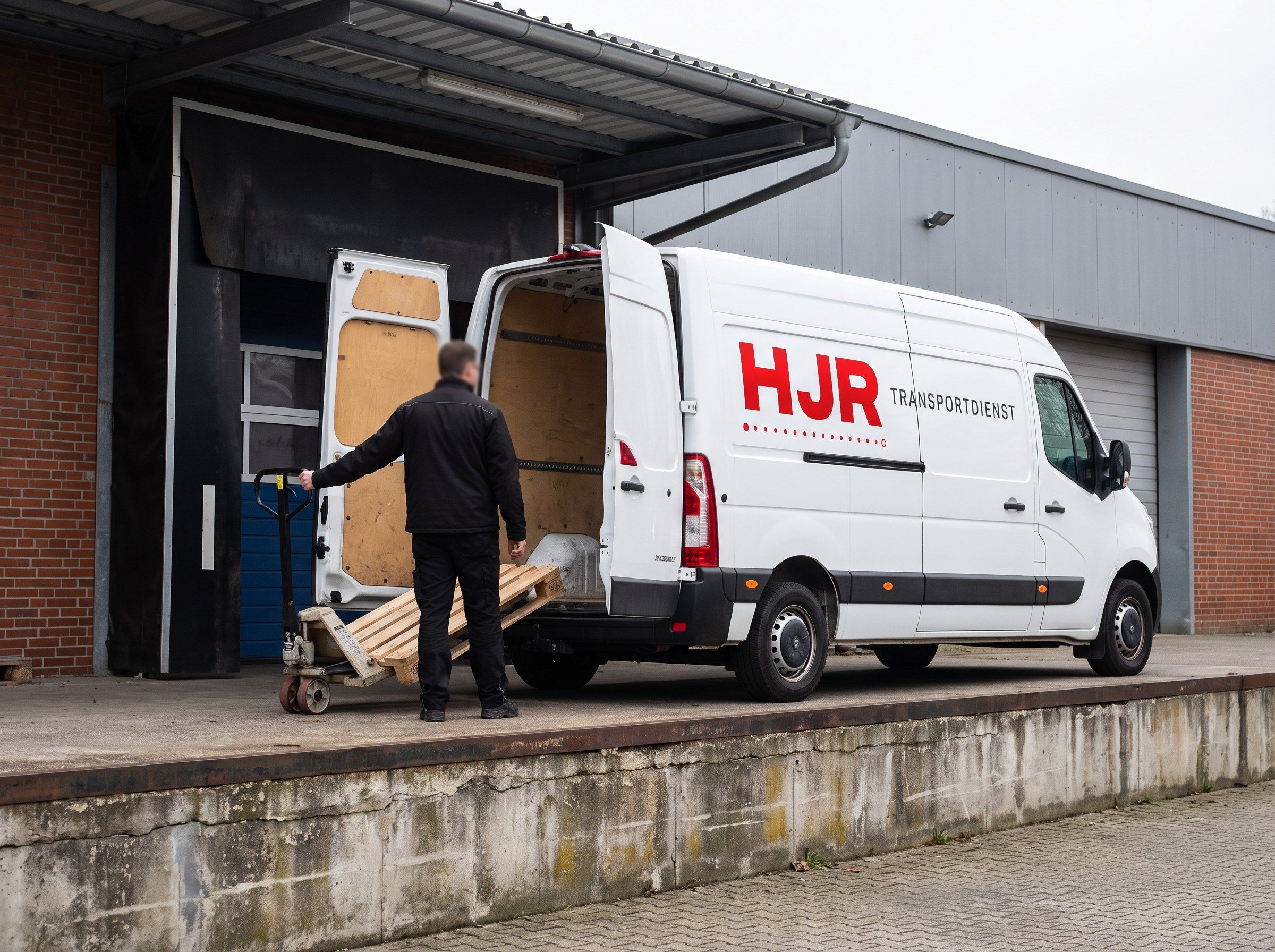 Driver unloading pallets from an HJR van at a loading dock