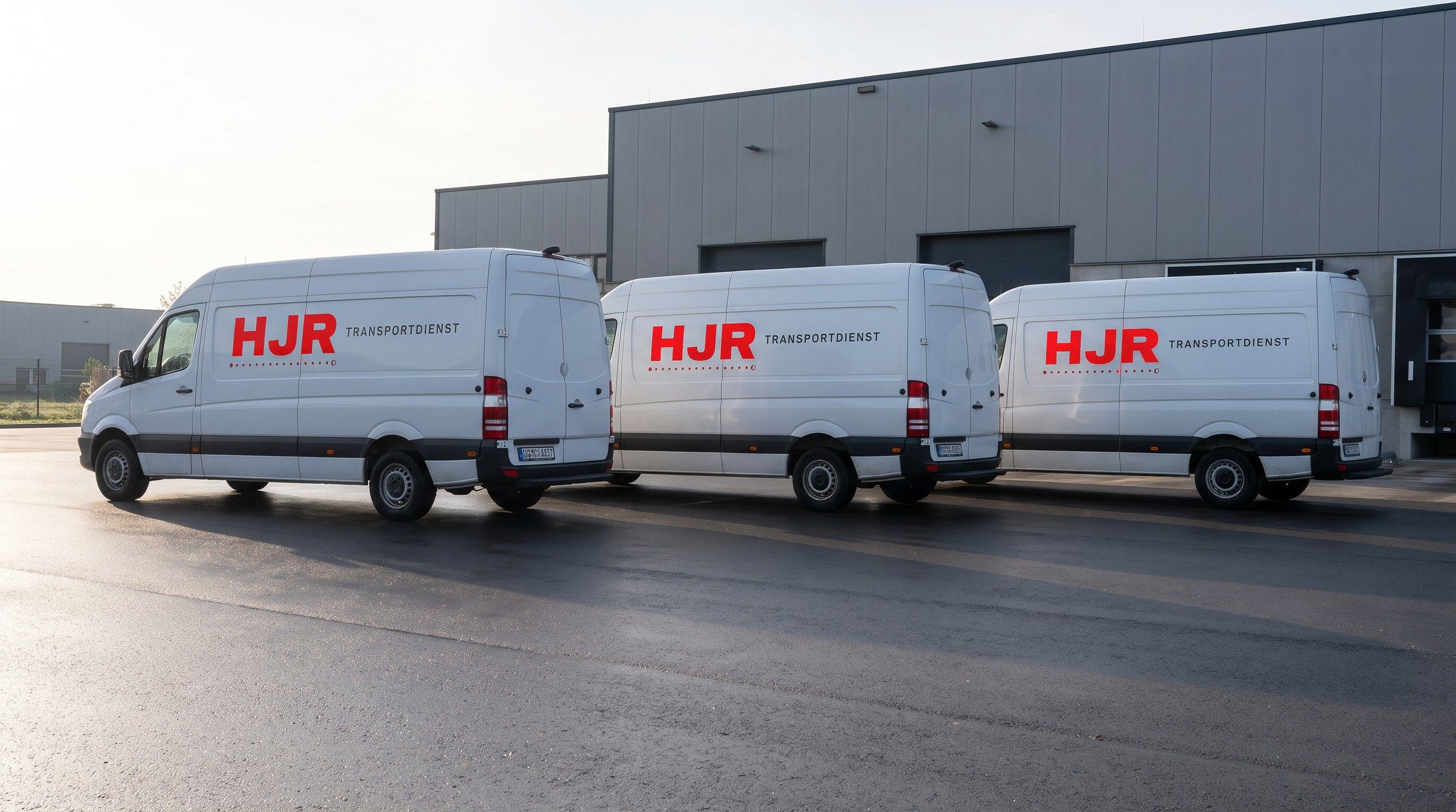 Three HJR vans side by side on a logistics yard in the morning