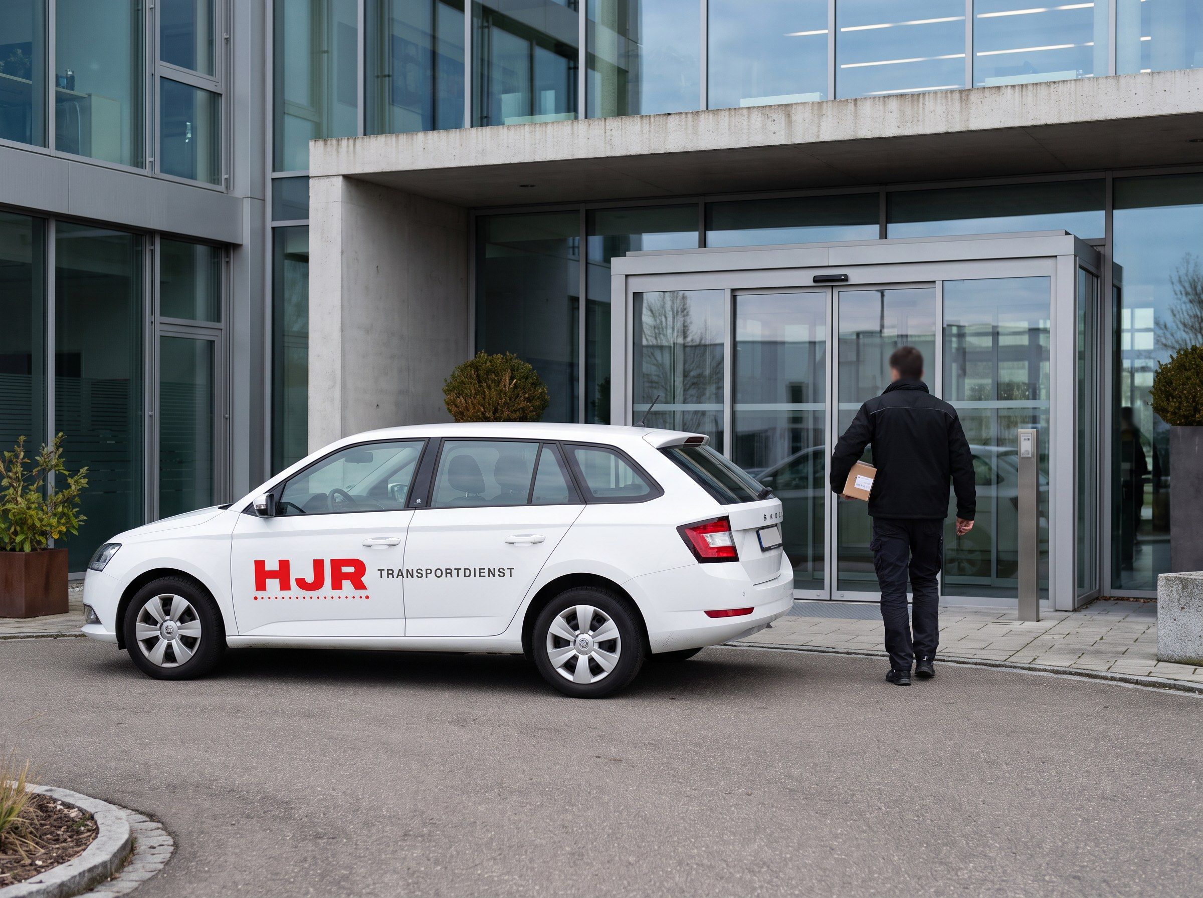 HJR courier car outside an office building, driver delivering a parcel