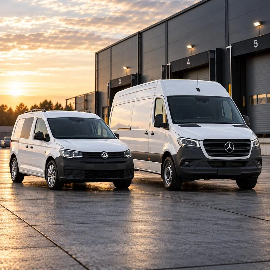 Weißer Caddy und weißer Kastenwagen vor einem Logistikzentrum im Abendlicht