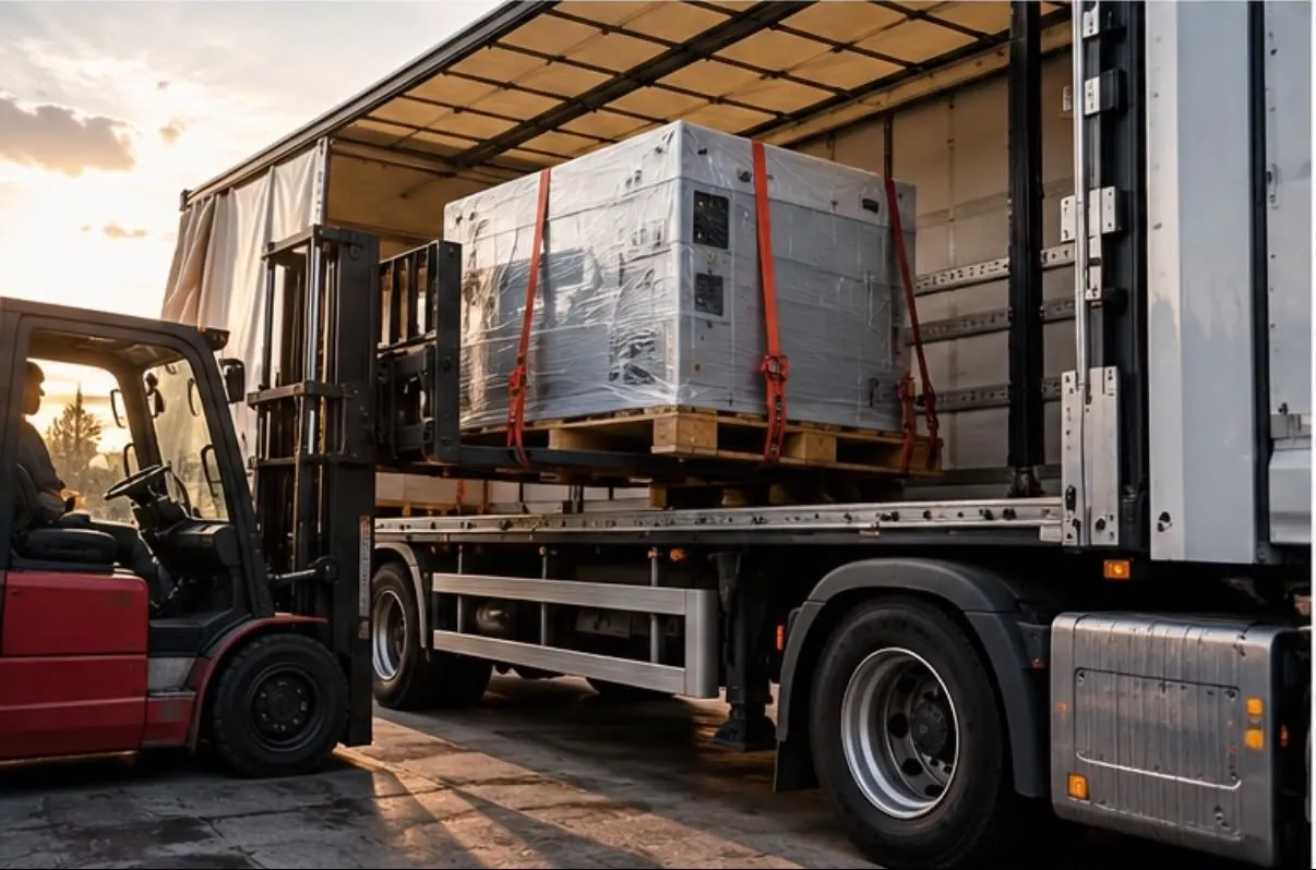 Gabelstapler belädt einen Planen-LKW mit gesicherter Palettenladung
